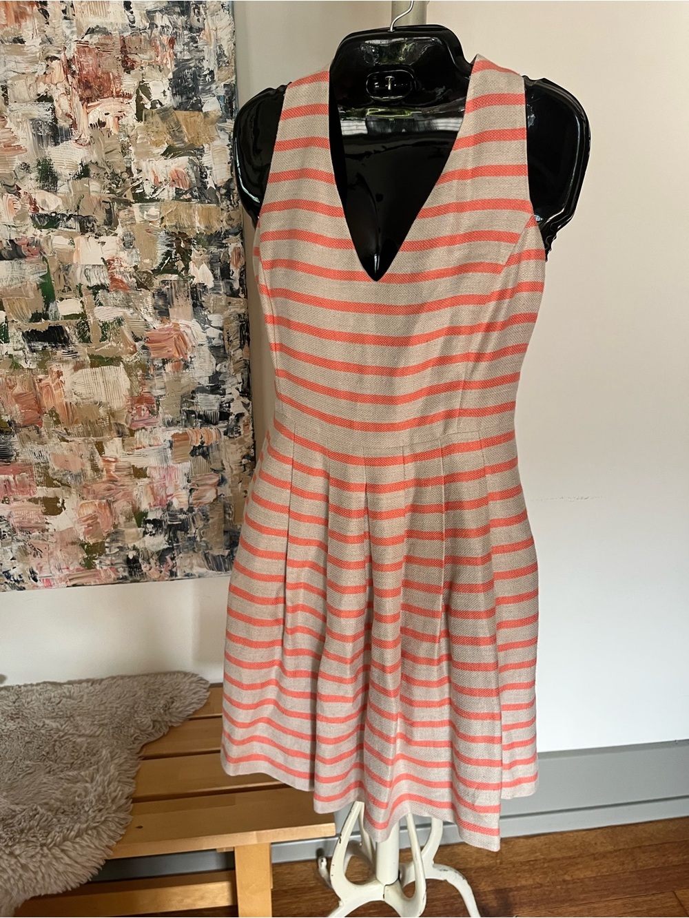 Banana Republic Coral and Cream Striped V-Neck Fit-and-Flare Dress